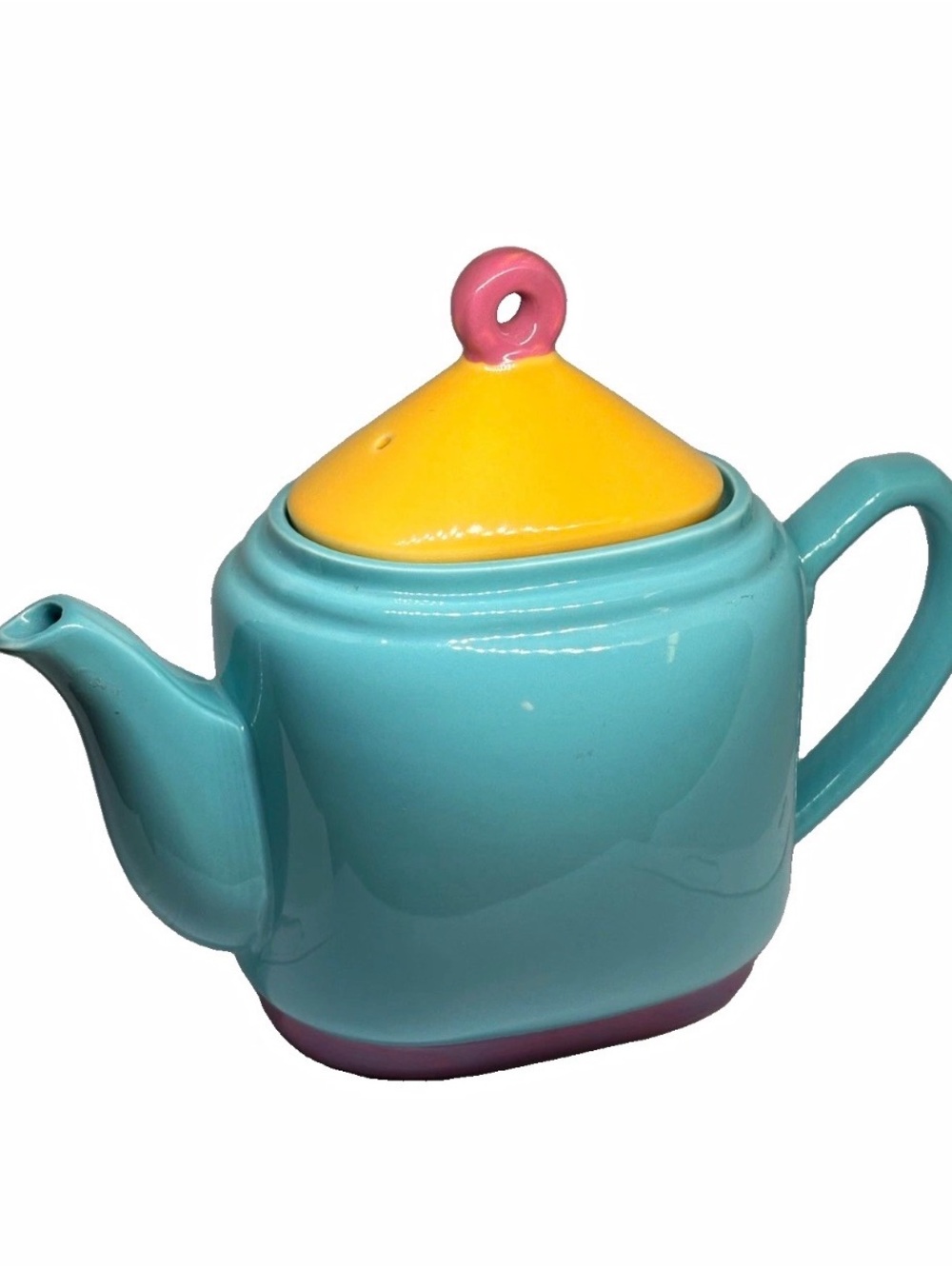 Lindt-Stymeist Japan Glossy Blue Ceramic Oval Teapot w/ Yellow Lid Pink Finial